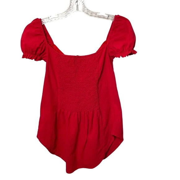 SNDYS Women's Kenny Button Up Blouse Red Puff Sleeve Off Shoulder Smocked Size M - Picture 2 of 7